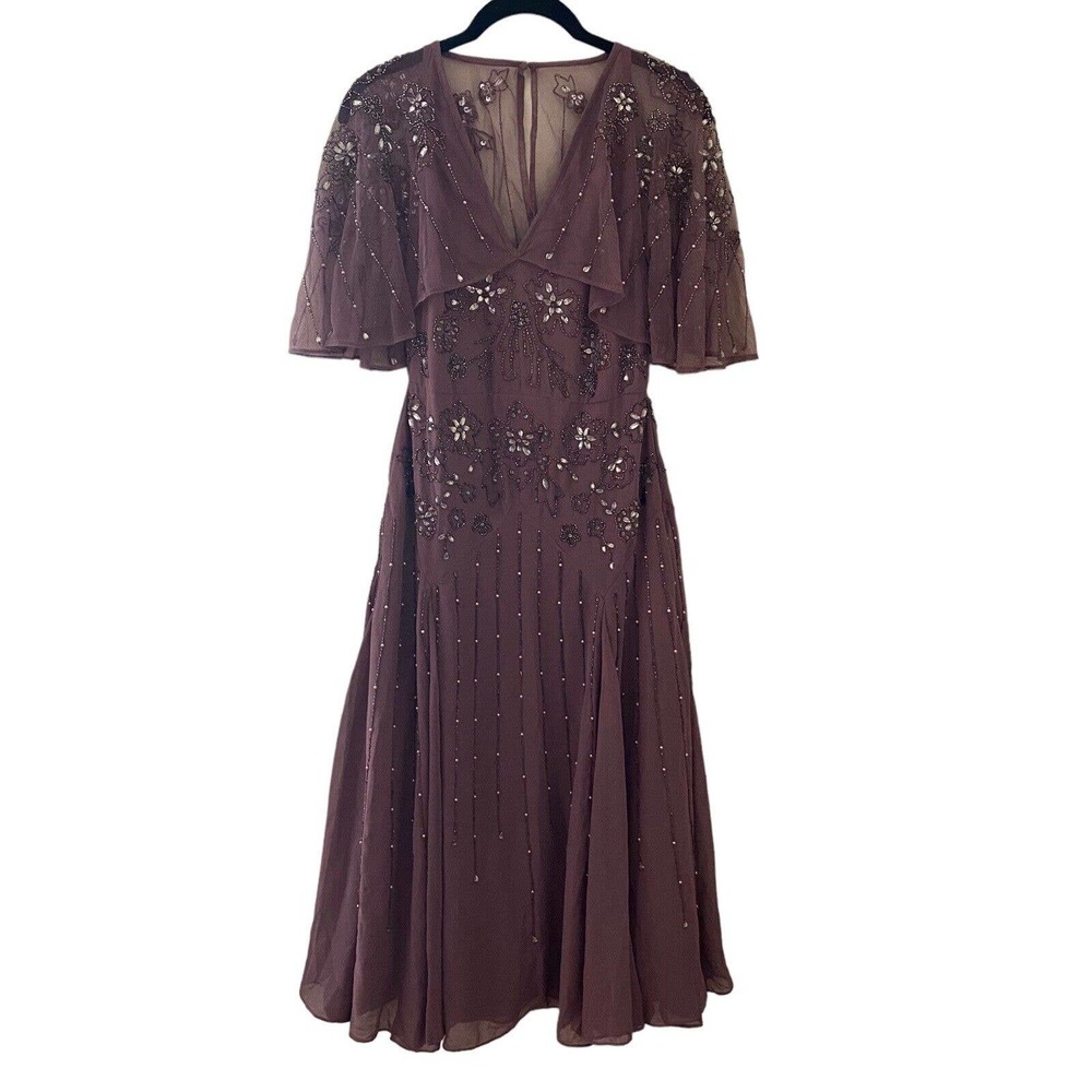 ASOS Size 4 Cape Midi Dress Purple Floral Embellished Bling Flowy NWT